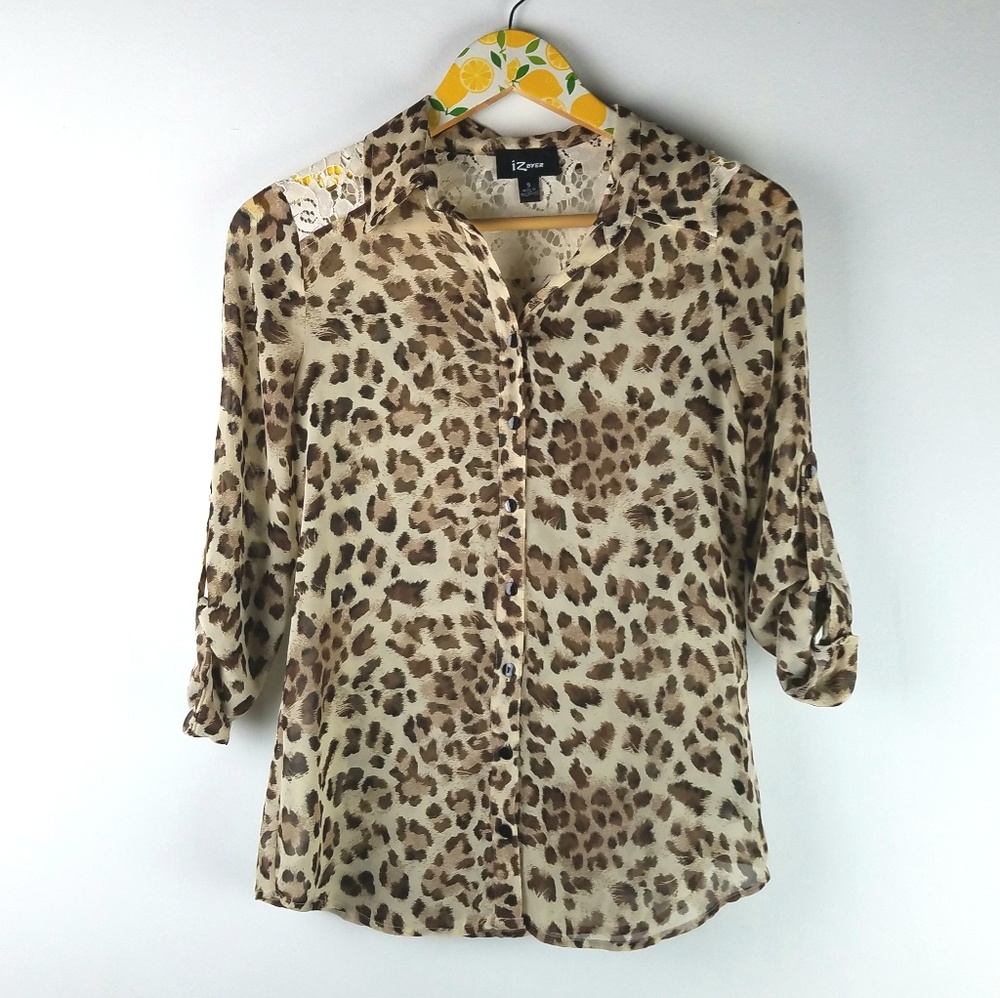 Iz Byer Leopard Lace Blouse Sz S Button Up Top